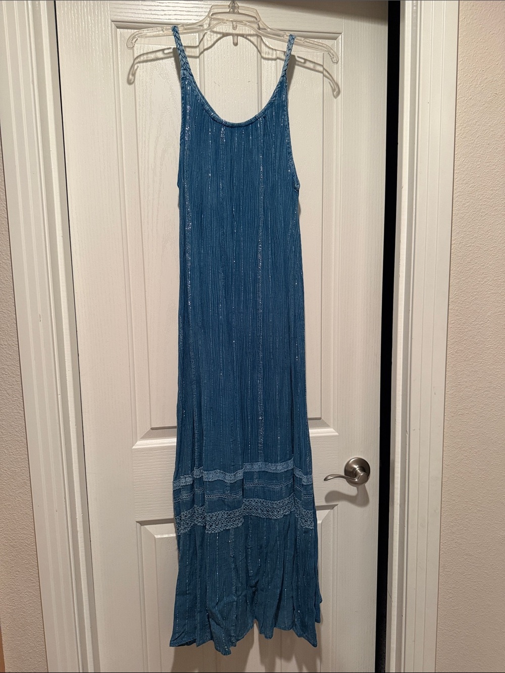 Braided Straps Blue Maxi Dress with Lace Trim